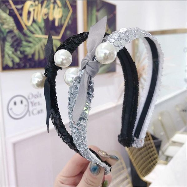 

high-end hair accessories women's sequins bow fine side pearls super flashing headband fashion girl band headwear1