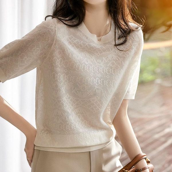 

women's blouses & shirts blusas spring and summer thin bottoming streetwear womens clothing perspective ice silk knitted blouse white s