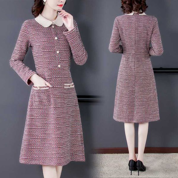 Весна осень зима высокое качество моды повседневные женщины твид с длинным рукавом OL платья Vesitdos 210531