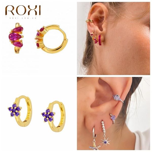 

hoop & huggie roxi lovely crown flower purple rose red zircon crystal earrings for women cartilage 925 sterling silver jewelry, Golden;silver