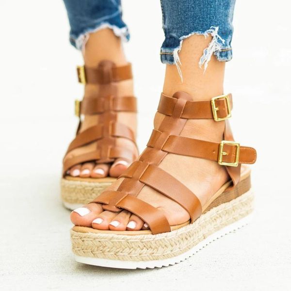 

women shoes platform sandals 2021 summer weaving casual pu buckle gladiator ankle strap open toe, Black