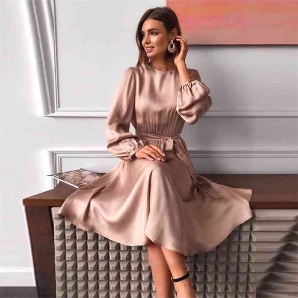 

women vintage sashes satin a-line dress lantern sleeve o neck solid elegant casual party summer ol fashion 210701, Black;gray