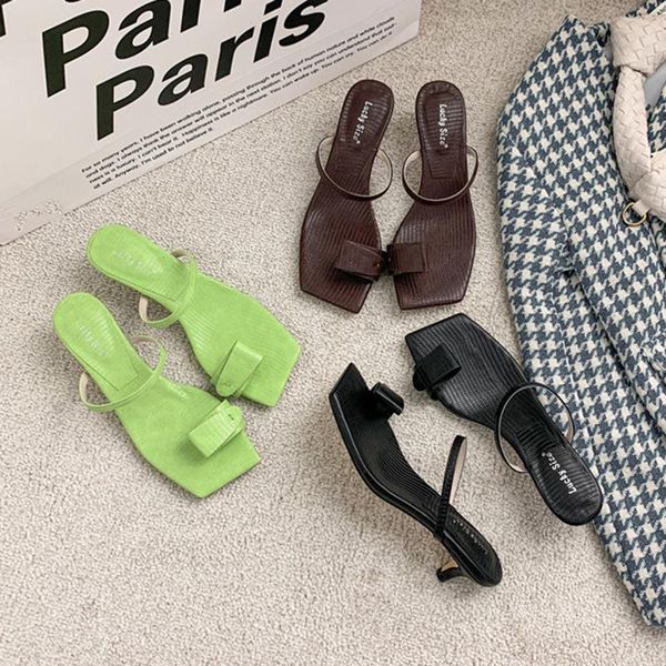 

summer ins designer women green flip flops low heels party slipper square toe pencil high slides female beach shoes slippers, Black