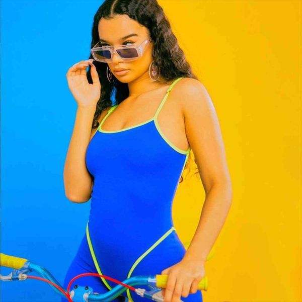 

summer buckle open womens jumpsuits back bodycon neon color patchwork women overalls playsuits streetwear, Black;white