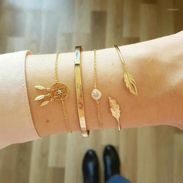 

charm bracelets zhen tomomi gold crystal leaves dreamcatcher bangles set for women opening adjustable layered bracelet pulseiras, Golden;silver