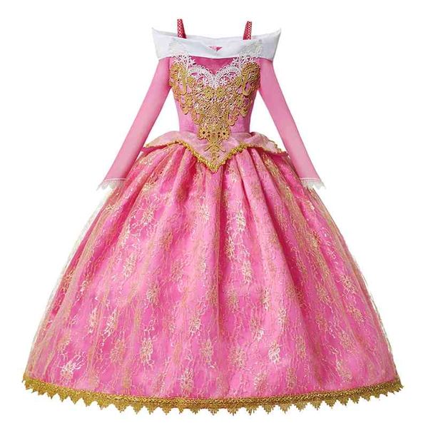 Ano novo dormindo traje de beleza para meninas princesa vestido festa de natal manga longa flor rosa vestido de esfera aurura vestidos 210331