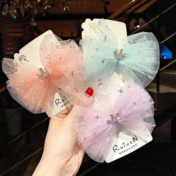 

hair accessories small fresh children's hairpin snow yarn crown bow baby girls headdress streamers princess, Slivery;white