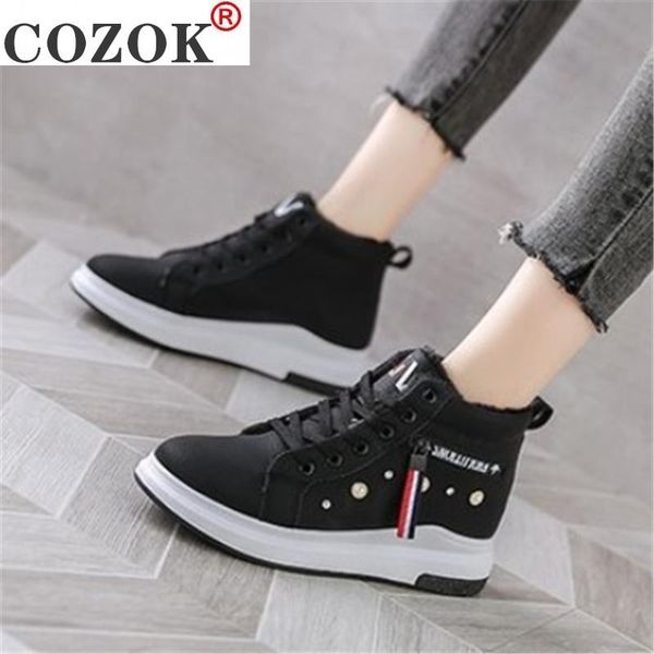 

boots 2021 winter women snow fashion lace up ankle warm plush pu leather botas mujer platform shoes, Black