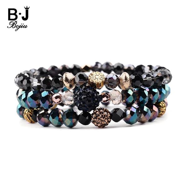 

charm bracelets bojiu 3 pcs/set boho crystal for women faceted glass beads gold copper oval acrylic bracelet lady bcset224, Golden;silver