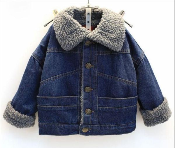 

jackets korean children's 2022 boys' and girls' thickened denim coat lamb cashmere inner warm, Blue;gray