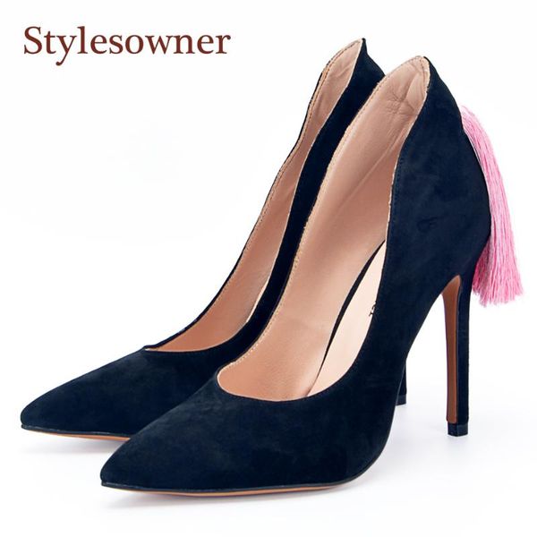 

stylesowner mixed color back tassel embellished women pumps pointed toe stilettos high heel shoes lady wedding party dress, Black