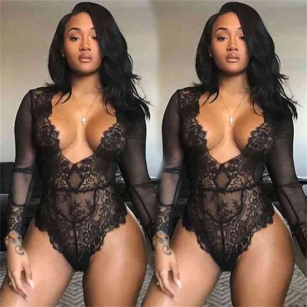 Chegada Outono Mulheres Sexy Profunda V-Neck Bodycon Romper Malha Transparente Malha de Manga Longa Ver através de Lace Sheer Bodysuits 210517