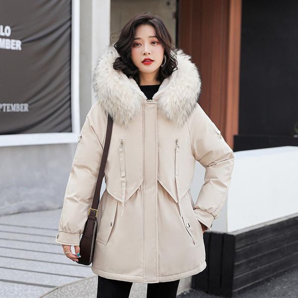

women's down & parkas winter women wool liner jackets 2021 casual thick warm mid-long fur collar hooded female jacket pocket snow coats, Black