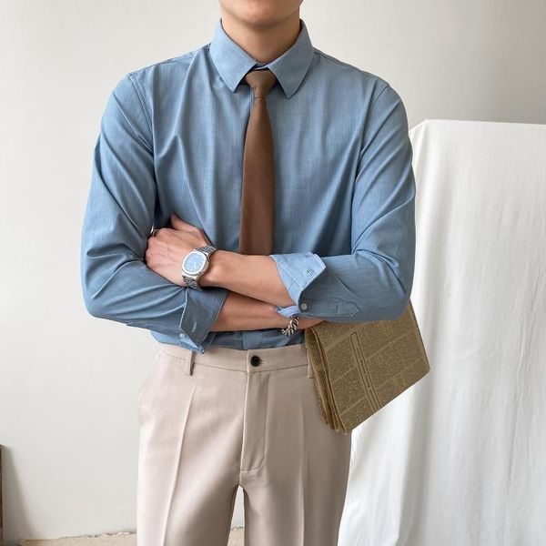 

men's casual shirts 2021 spring men long sleeve formal slim fit business male solid color stretch blouses o274, White;black