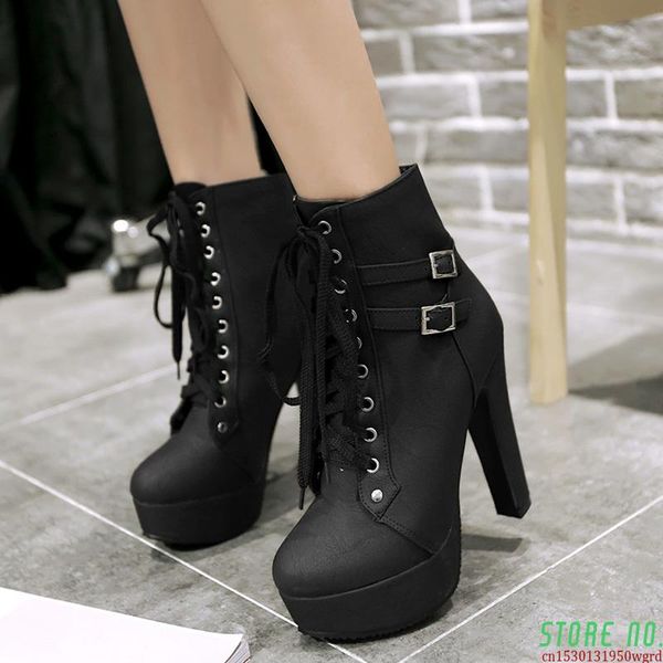 

boots platform high heel women ankle for heels motorcycle shoes large size 42 bota feminina, Black