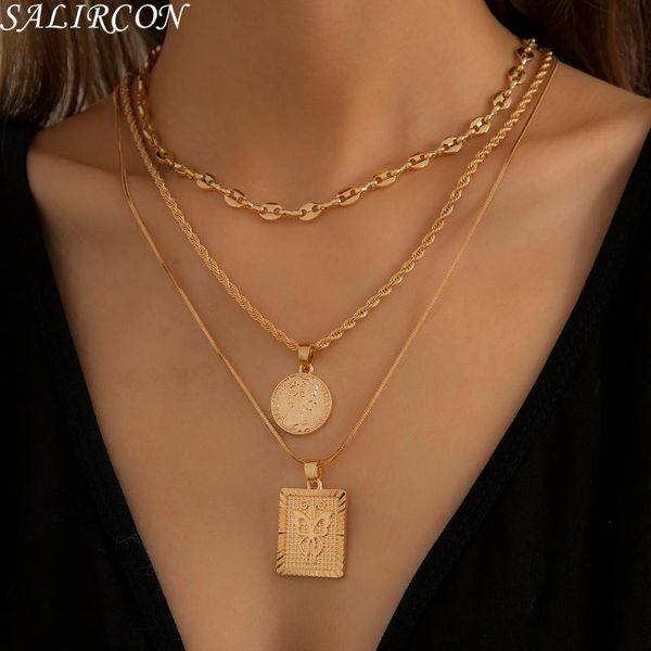 

pendant necklaces punk hiphop butterfly twisted chain necklace for women geometric portrait coin choker trendy charm jewelry, Silver