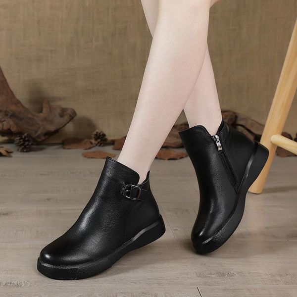 

leather boots female british style buckle soft sole comfortable retro thick bottom plus velvet short women, Black