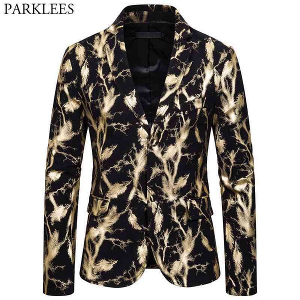 

gold ink printed blazer jacket men stylish slim fit shiny suit blazer male party weeding stage prom clothes for singers 210522, White;black