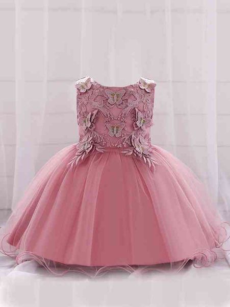 

baby girl floral embroidery appliques contrast mesh bow back gown dress she, Red;yellow