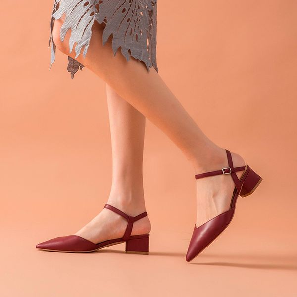 

sandals elegant sandals women genuine calf leather pointed toe buckle strap summer ladies mid heel pumps handmade 31063, Black