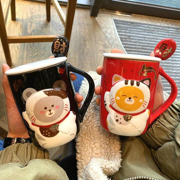 

cartoon cute lucky cat ceramic cup year drinking men and women couple gift breakfast milk with lid spoonlb010213 mugs