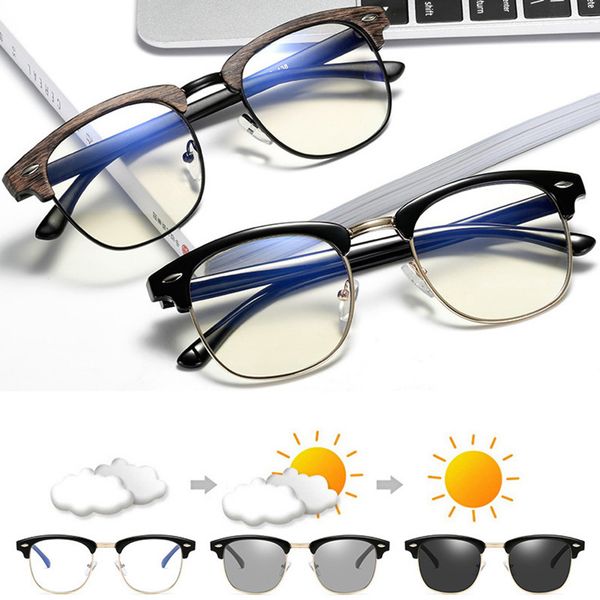 

blue light blocking glasses computer reading pochromic sunglasses chameleon sun male women semi rimless, Silver