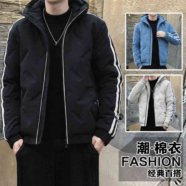 

2021 new down cotton padded clothes thickened windproof winter two bars slim men's high street coat, Black