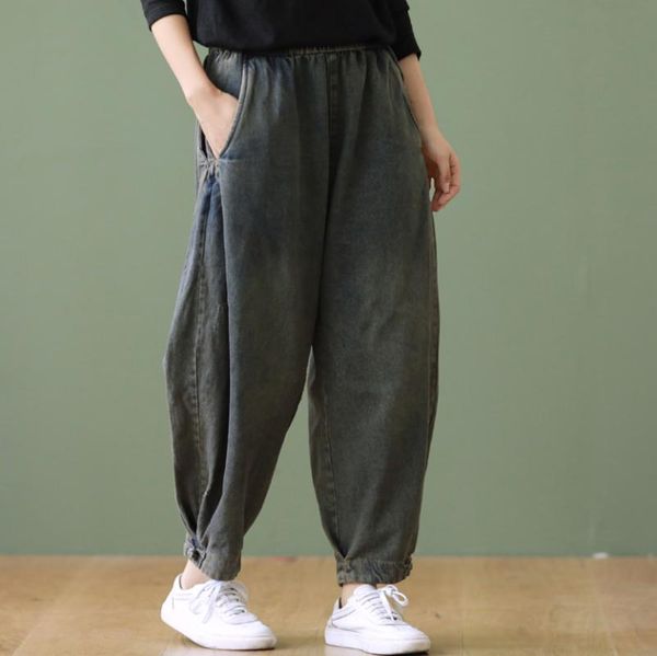 

women jeans 2021 autumn winter retro loose denim casual harem pants pockets elastic waist vintage female trousers women's, Blue