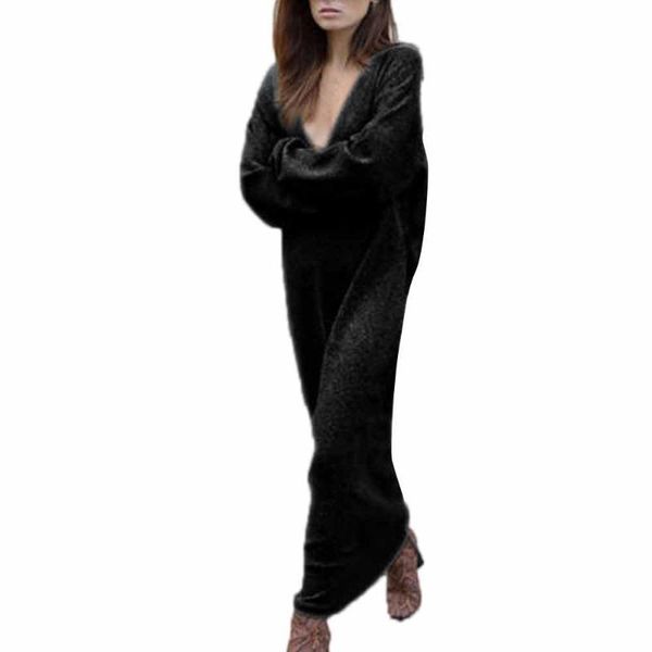 

casual dresses junelove ladies elegant loose knitted long dress women spring v-neck sleeve solid jumper shirt maxi party, Black;gray