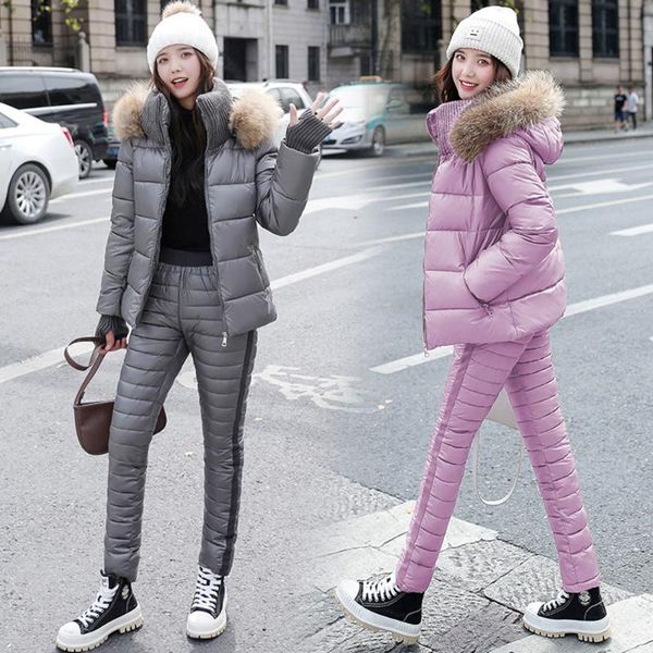 

women's two piece pants women 2021 set winter fashion warm down cotton parka fur collar thick hooded jacket coat + elastic waist suits, White