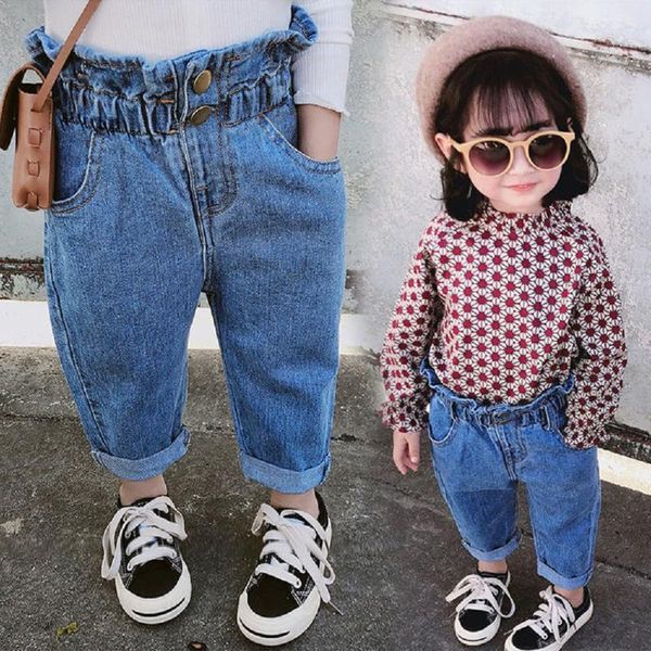 

fashion girls ruffle jeans children denim pants for baby girl button autumn spring casual clothes trousers, Blue