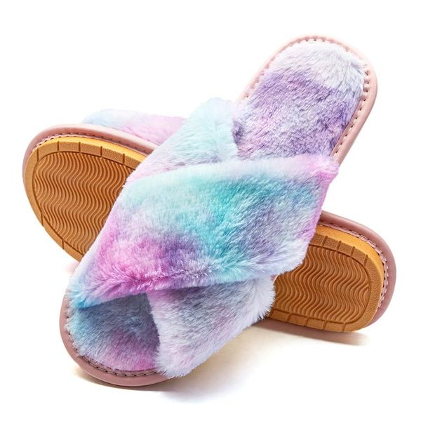 

women's fluffy slippers soft fuzzy cross band plush furry house slides slip on open toe indoor faux fur sliders fa1001, Black