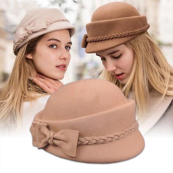 

stingy brim hats seioum elegant winter 100% australian wool felt fedora red black wedding women female bow berets caps pillbox hat chapeau, Blue;gray