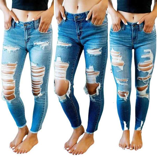 

women's jeans blue stretch jeans, girly play autumn torn with a hole t9v6