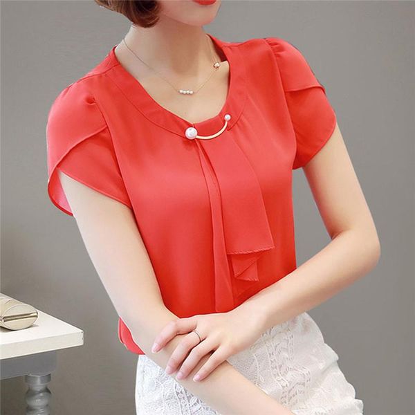 

women's blouses & shirts chic summer blouse women shirt office work slim short sleeve korean bow neck ruffle yellow red blusas, White
