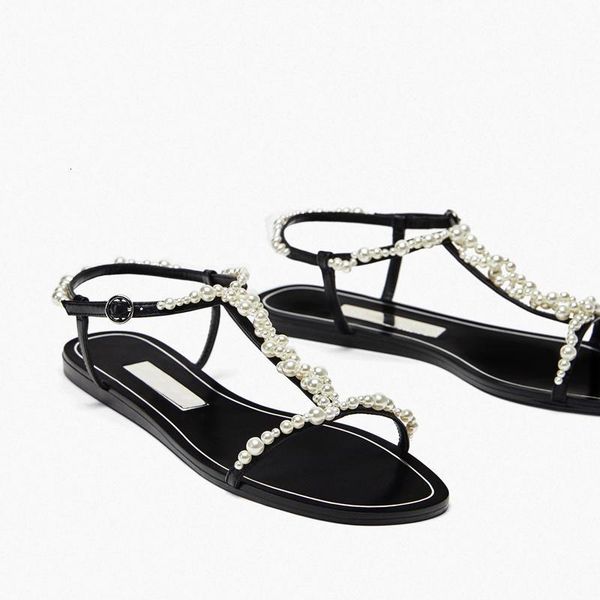 

sandals moraima snc est open toe flat woman t-strap pearls beaded summer casual shoes beach wear gladiator sandal c8f9, Black
