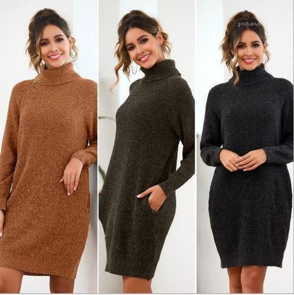

womens dresses high collor thick wool dress fashion pocket casual female apparel loose solid color designer, Black;gray