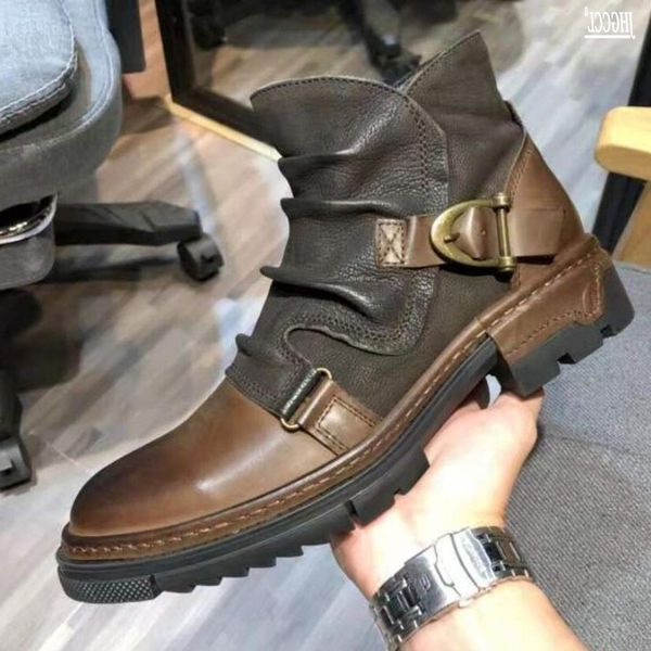 Stivali da moto da uomo Scarpe in pelle da uomo High Top Fashion Winter Warm Scarpe da neve Stivali da cowboy vintage a testa tonda da uomo A27