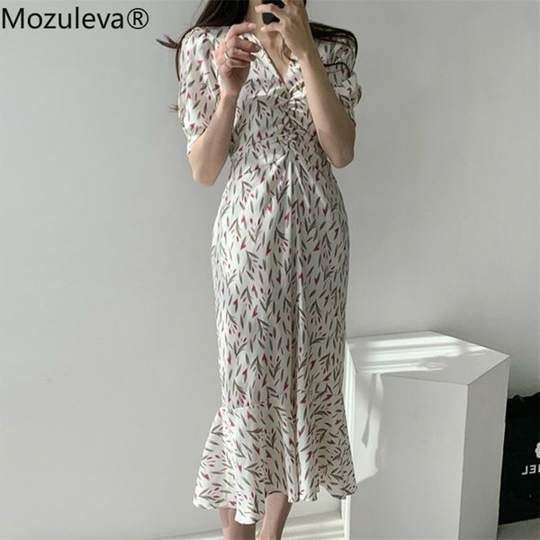 

summer ruffles floral print slim waist mermaid chic short sleeve ruched women dress female midi vestidos 210416, White