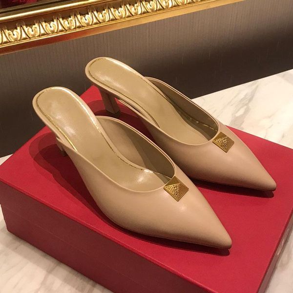 

sandals baotou brand fashion heel genuine leather pointed toe slippers, Black