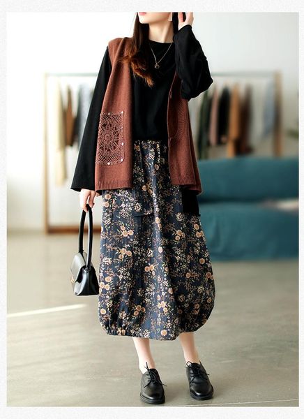 

skirts printed cotton and linen retro casual japanese floral skirt elastic waist pattern spring summer women, Black