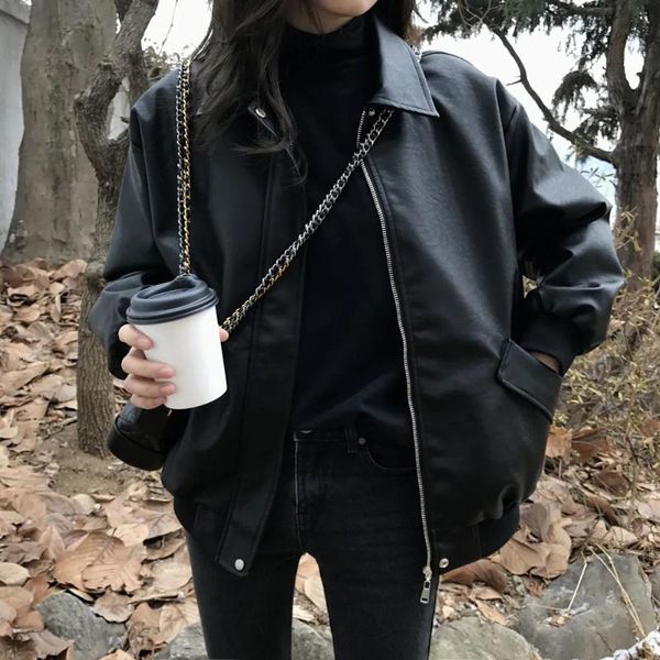 

women's leather & faux fashion pu women korean version coat plus velvet thick windproof zipper locomotive style size female casual jack, Black