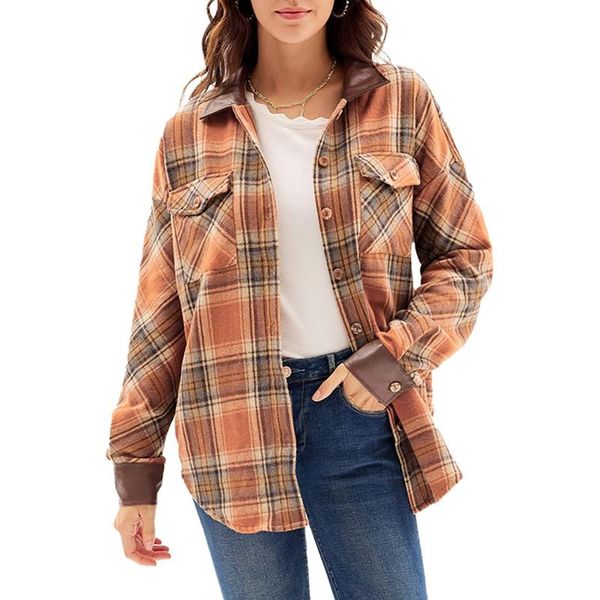 

women's t-shirt 4# plaid pocket lapel t shirts button down long sleeve oversized leather cardigan harajuku, White