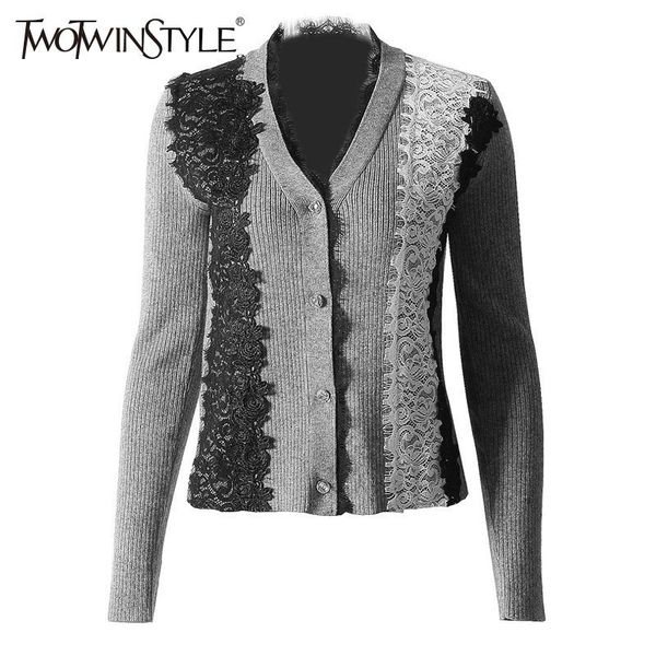 

lace patchwork sweater for women long sleeve hit colors knitting cardigan female casual fashion spring 210524, White