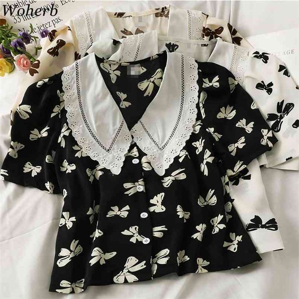 

vintage bow print blouses women summer contrast color hollow out peter pan collar slim breasted shirts female 210519, White