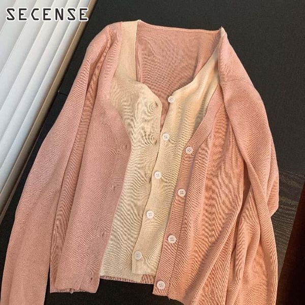 

women's knits & tees fake two piece cardigan knitted loose pink long sleeve korean style women spring autumn sweater clothing secense, White