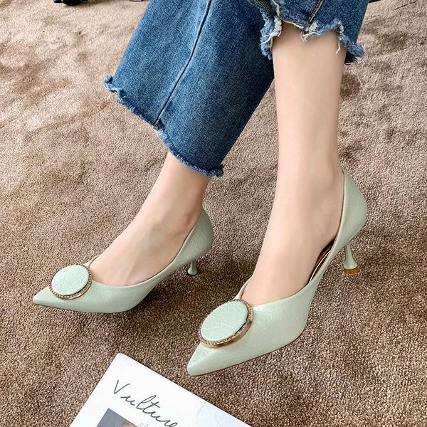 

dress shoes 2021 circle buckle ladies pumps women pointed toe thin high heel shallow wedding woman elegant office, Black