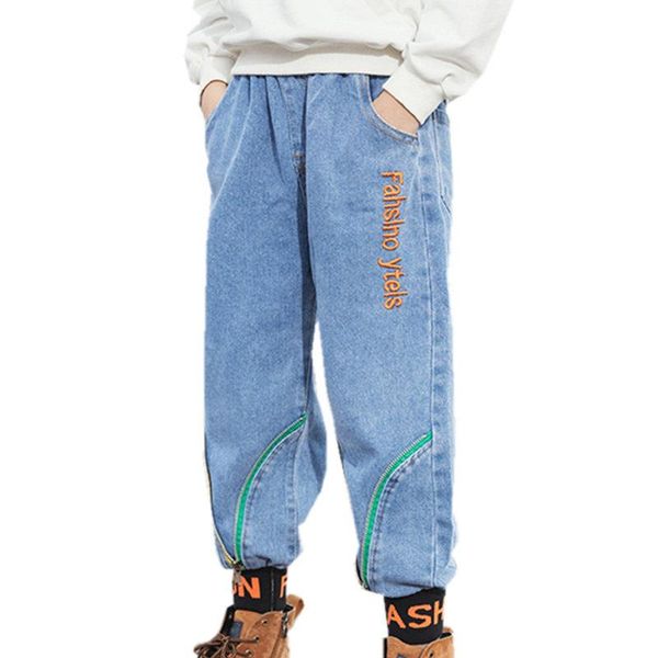 

children's slim pencil vintage high waist casual jeans for boys with embroidery letters kids denim pants, Blue