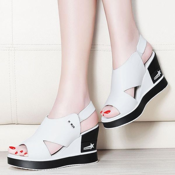 

white pu leather woman wearable sandals fashion peep toe non-slip heighten shoes 8cm hollow out platform wedges rome dress, Black