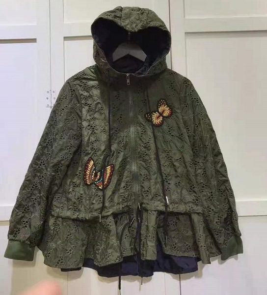 

women's jackets hooded 2021 autumn style women allover hollow out embroidery long sleeve casual green ladies fashion zip coats, Black;brown